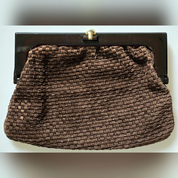 Vintage 70's Brown Italian Suede Leather Clutch with Lucite Frame  Made in Italy - Picture 2 of 9